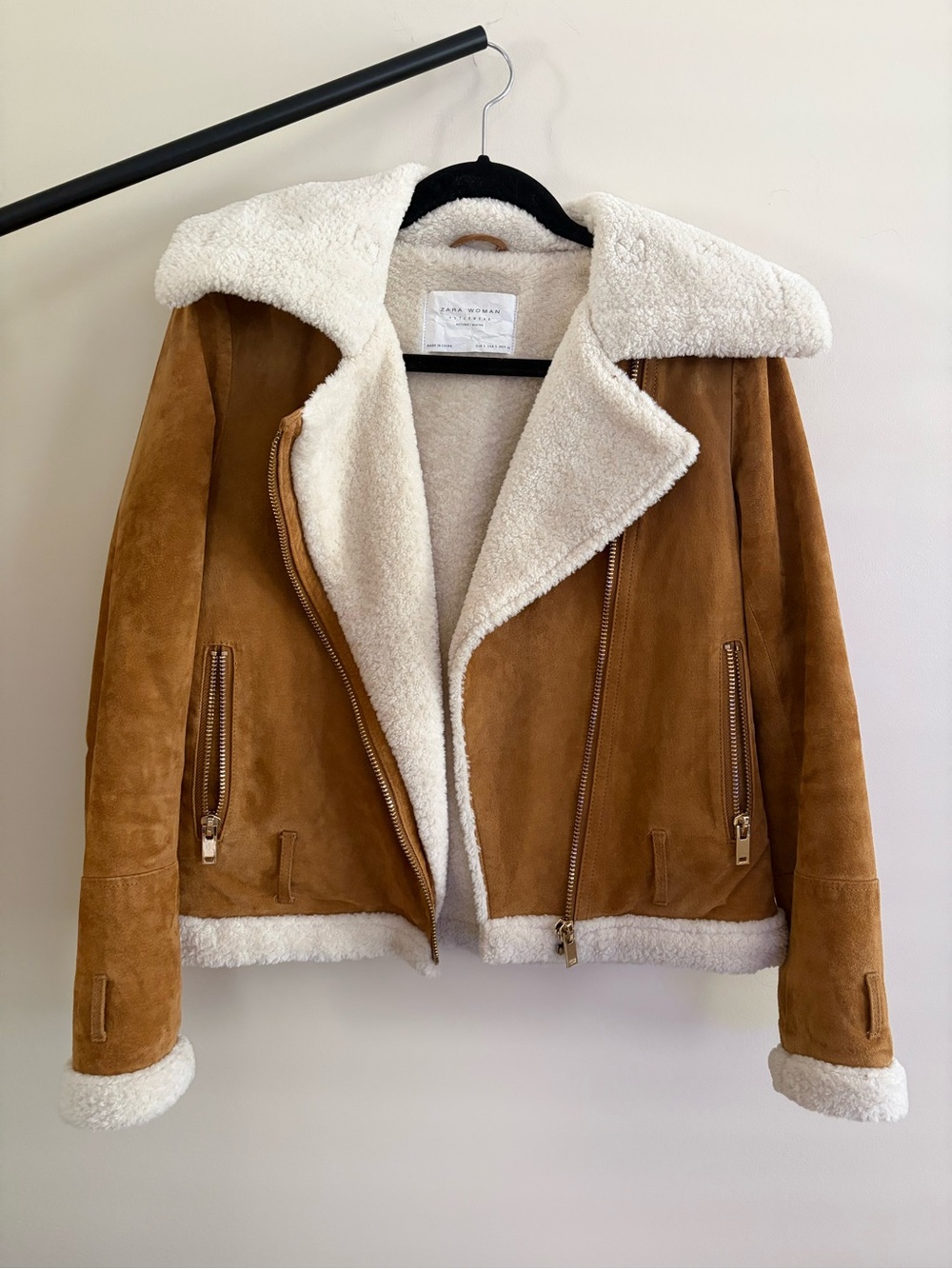 Zara Suede Sherpa-Lined Moto Jacket — Brown/Cream